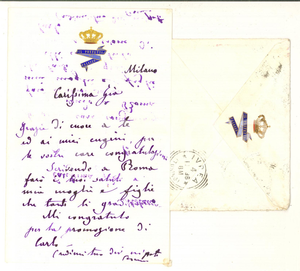 1898 MILANO Lettera conte Cesare GIANOTTI prefetto di Palazzo - AUTOGRAFO