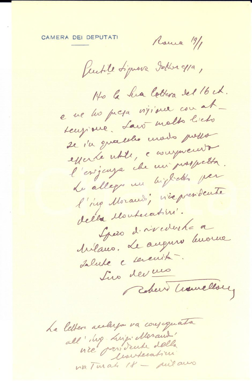 1950 ca ROMA Camera dei Deputati - Lettera on. Roberto TREMELLONI - AUTOGRAFO