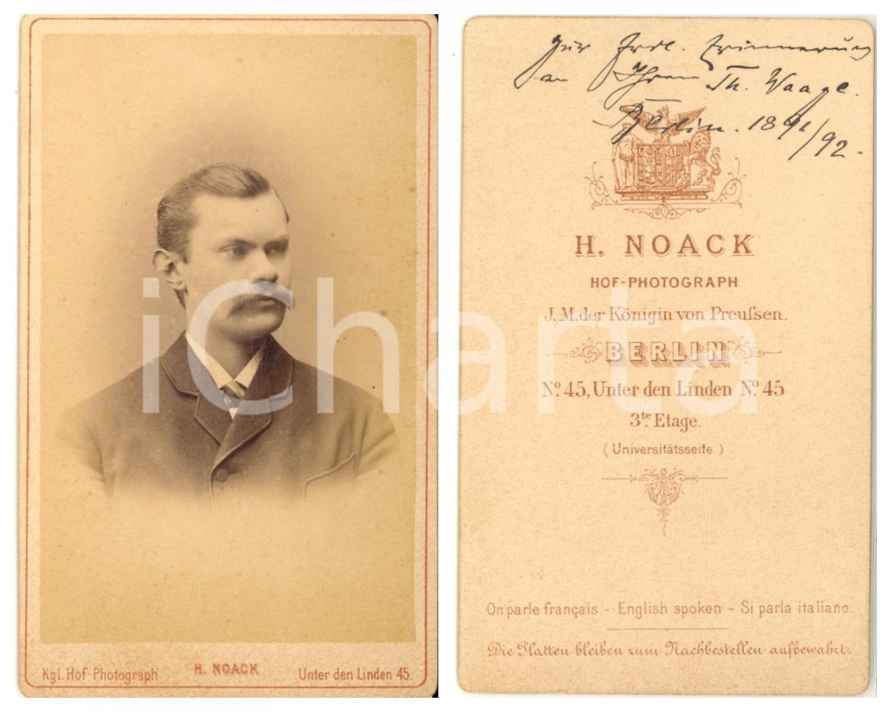 1898 BERLIN Ritratto del botanico Theodor WAAGE - Foto AUTOGRAFO - CDV