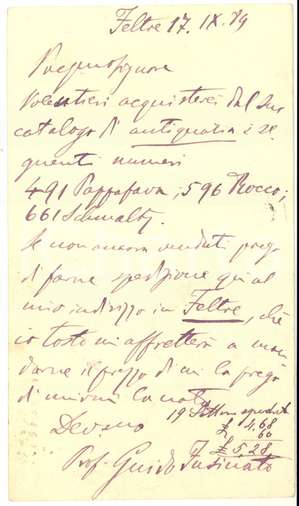 1889 FELTRE Cartolina on. Guido FUSINATO per acquisto libri - AUTOGRAFO