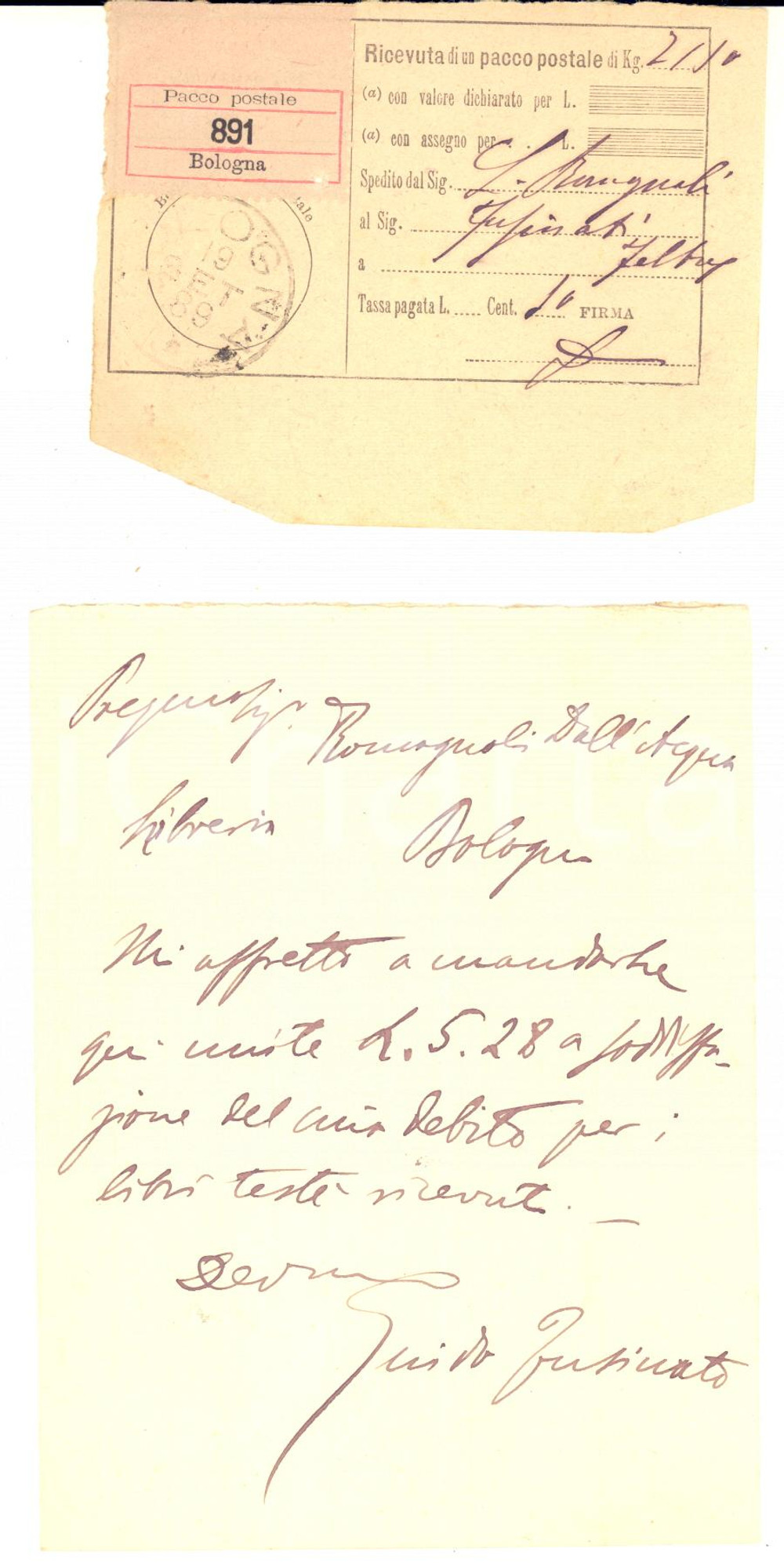 1889 FELTRE Biglietto on. Guido FUSINATO per saldo libri - AUTOGRAFO
