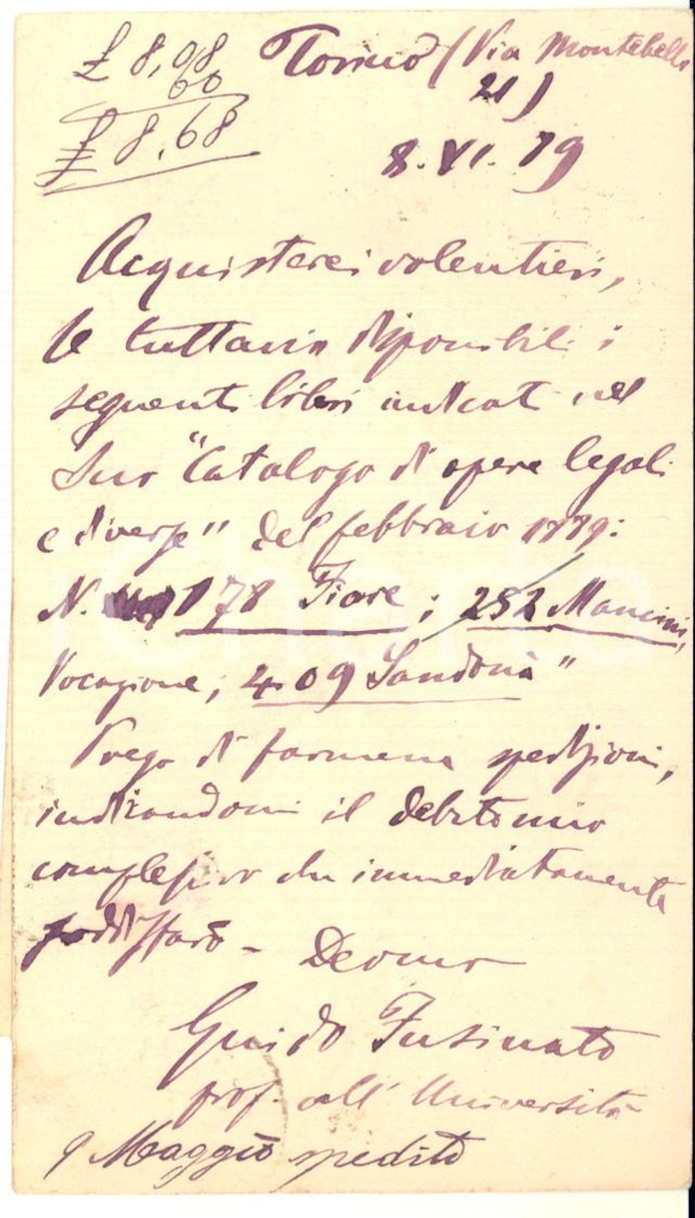 1889 TORINO Cartolina prof. Guido FUSINATO per acquisto libri - AUTOGRAFO