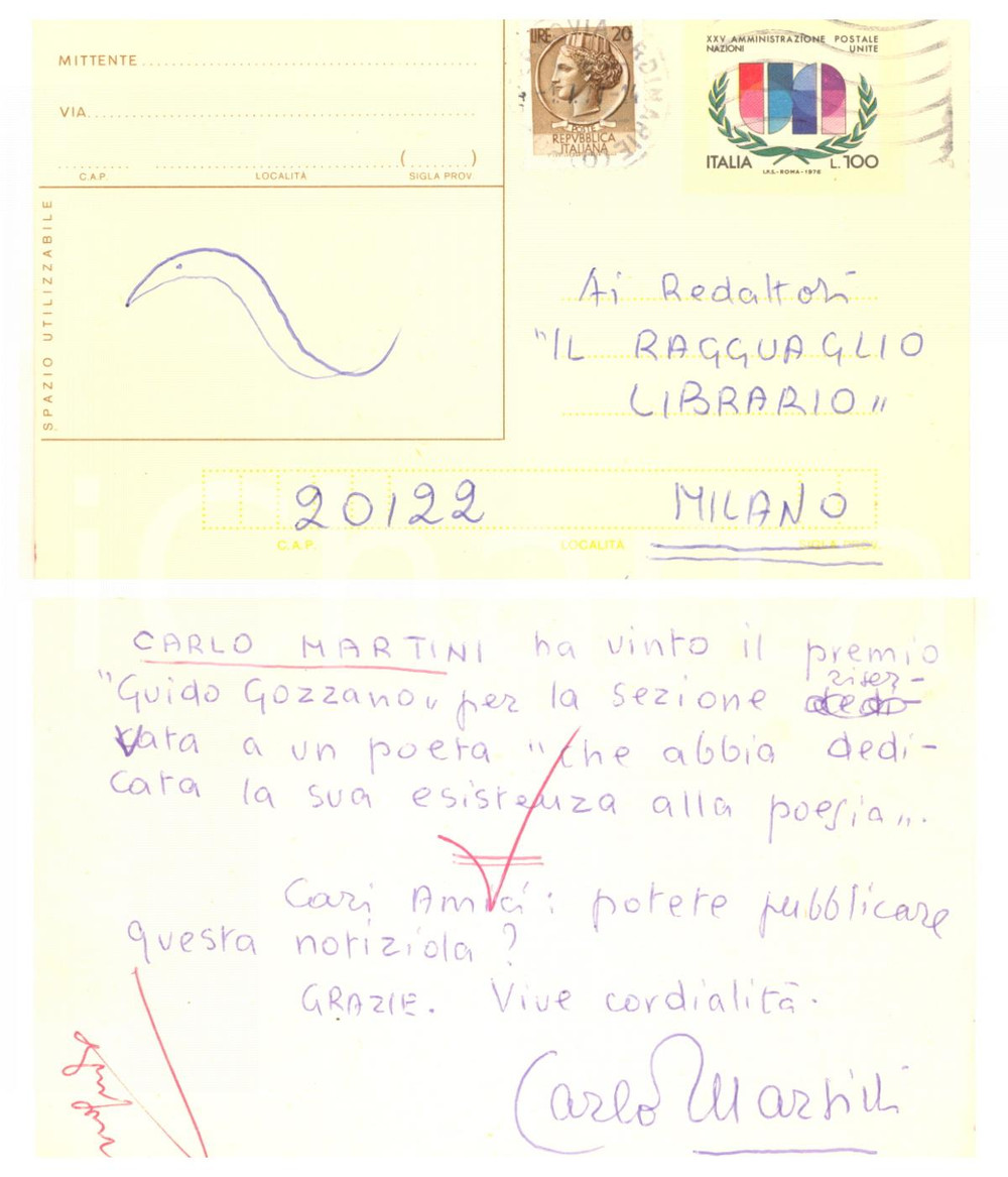 1977 ROMA Poeta Carlo MARTINI vincitore "Premio Guido Gozzano" - AUTOGRAFO