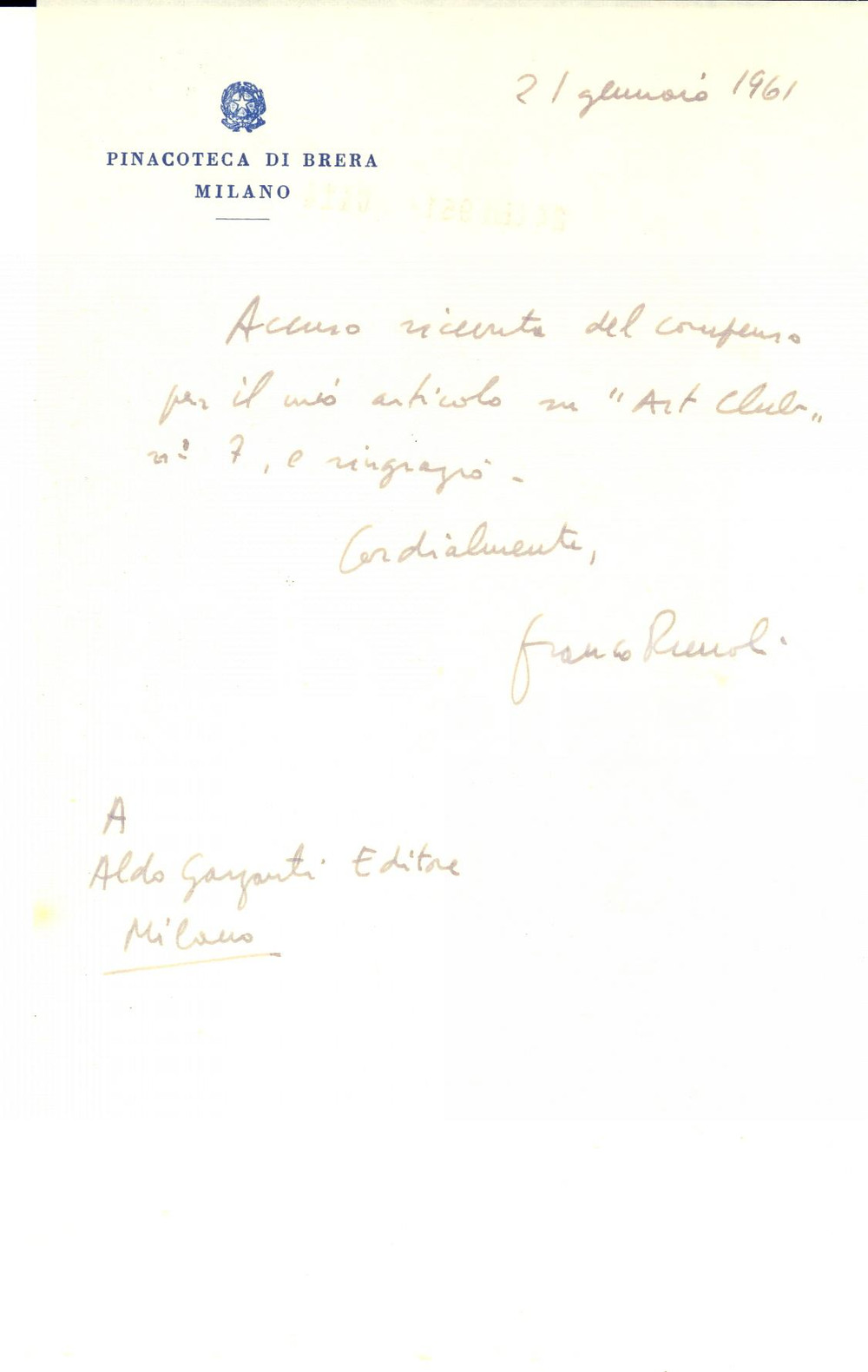 1961 MILANO Pinacoteca di BRERA - Lettera Franco RUSSOLI per ricevuta *AUTOGRAFO