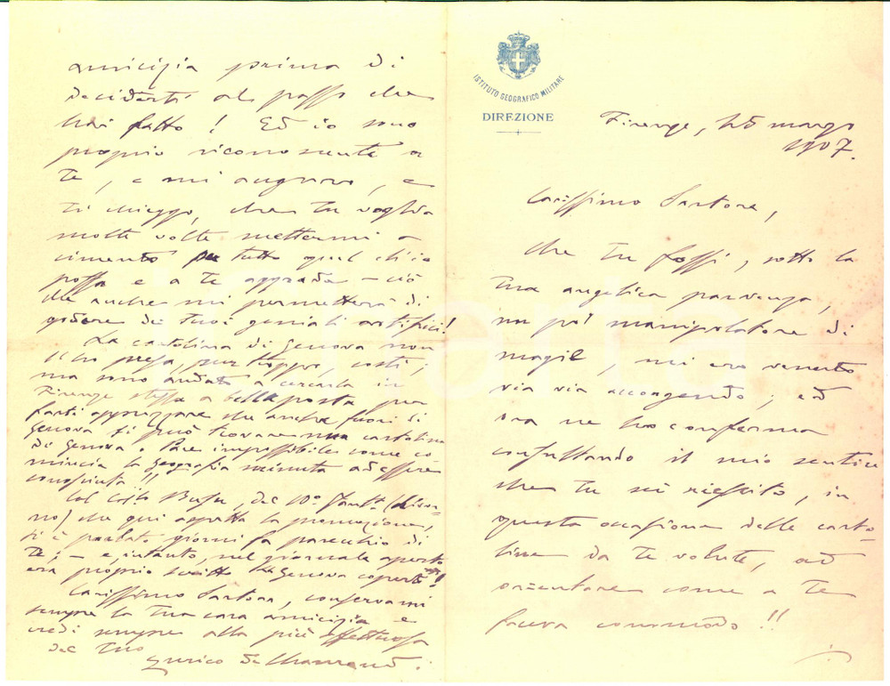 1907 FIRENZE Lettera Enrico DE CHAURAND - Istituto Geografico Militare AUTOGRAFO