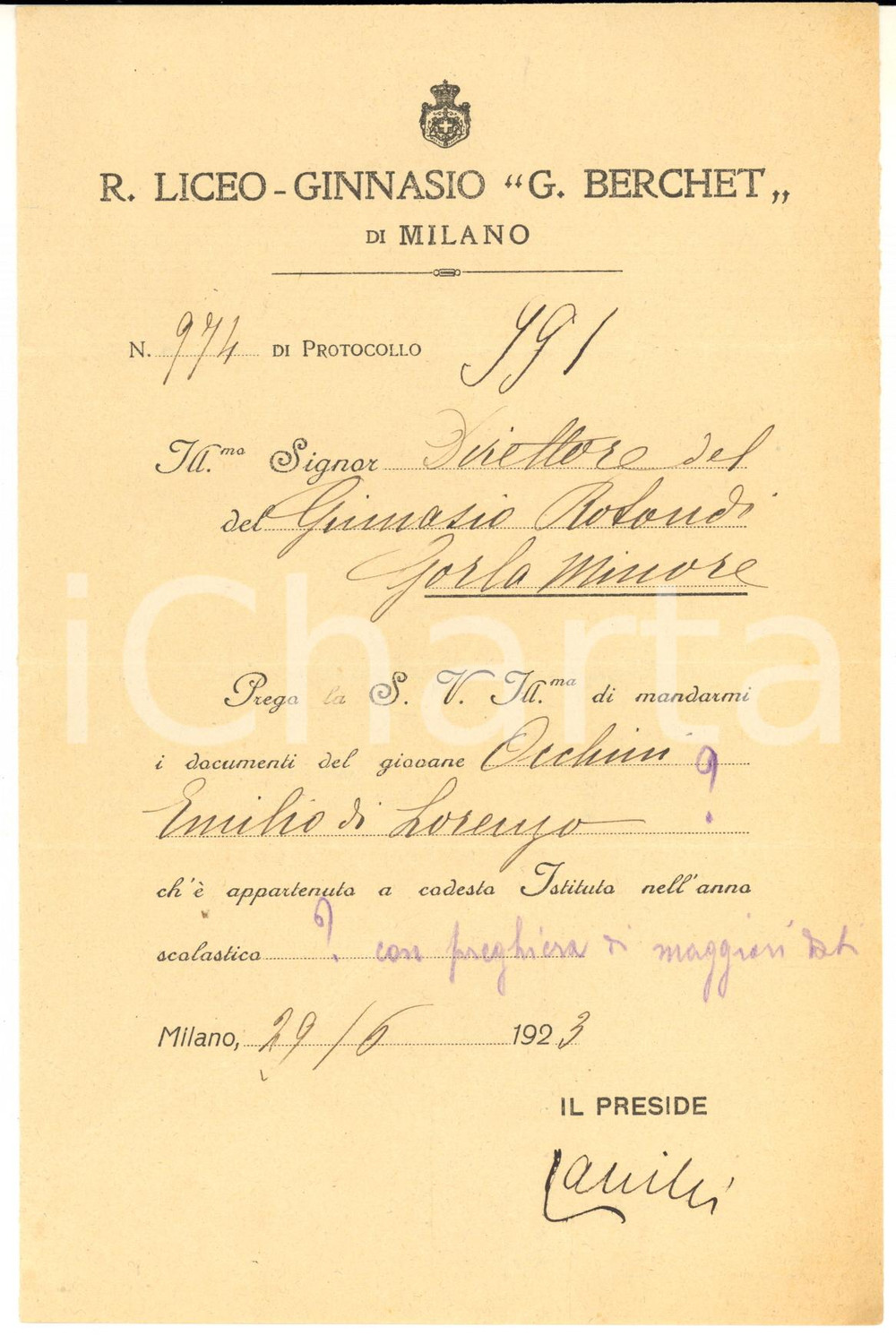1923 MILANO Liceo BERCHET - Richiesta documenti - Autografo Carlo CANILLI