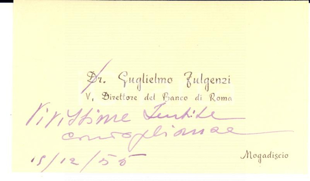 1955 MOGADISCIO Guglielmo FULGENZI vicedirettore Banco di Roma - AUTOGRAFO
