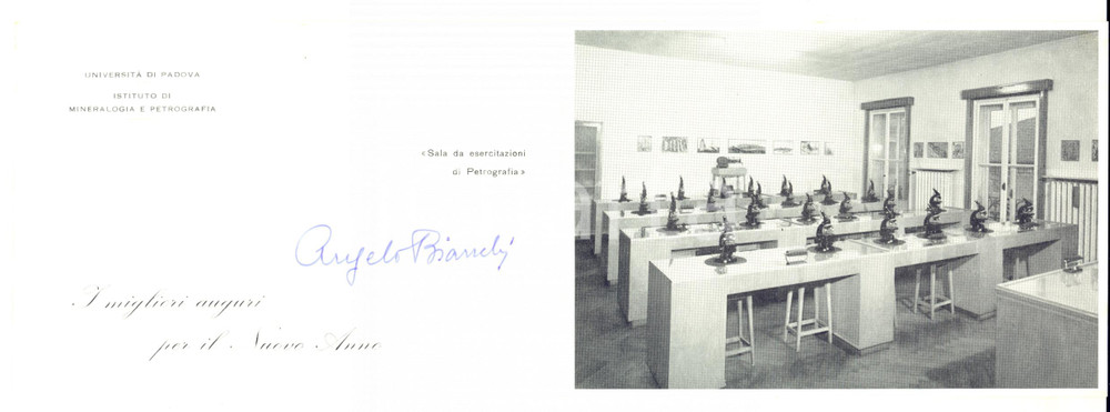 1960 ca Università  di PADOVA - Biglietto prof. Angelo BIANCHI - AUTOGRAFO Biglietto con messaggio autografo di auguri, con immagine della sala da esercitazioni di petrografia.CONDIZIONI: GFORMATO: 15x11 cm      originale e autentica 1
