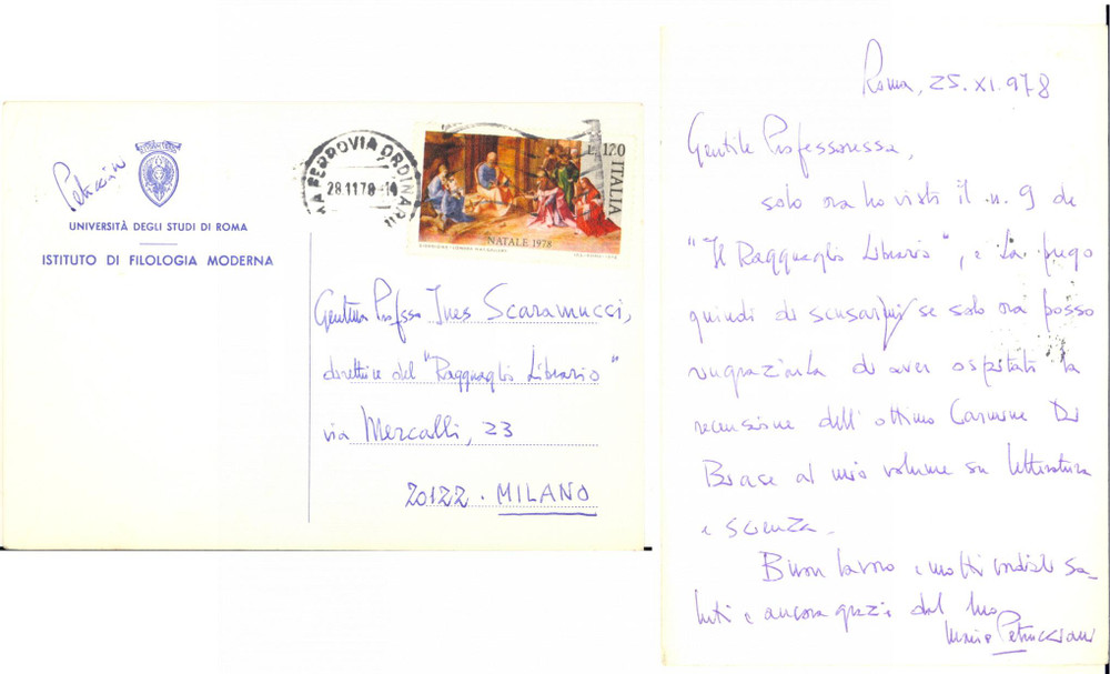 Autografo originale 1978 ROMA Cartolina Mario PETRUCCIANI per recensione  AUTOGRAFO FG VG 1