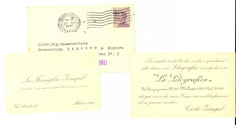 1929 MILANO LA LITOGRAFICA - Famiglia ZIMPEL - Biglietti da visita