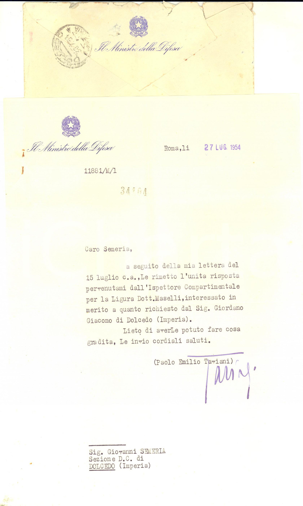 1954 ROMA Lettera Paolo Emilio TAVIANI ministro della Difesa *AUTOGRAFO