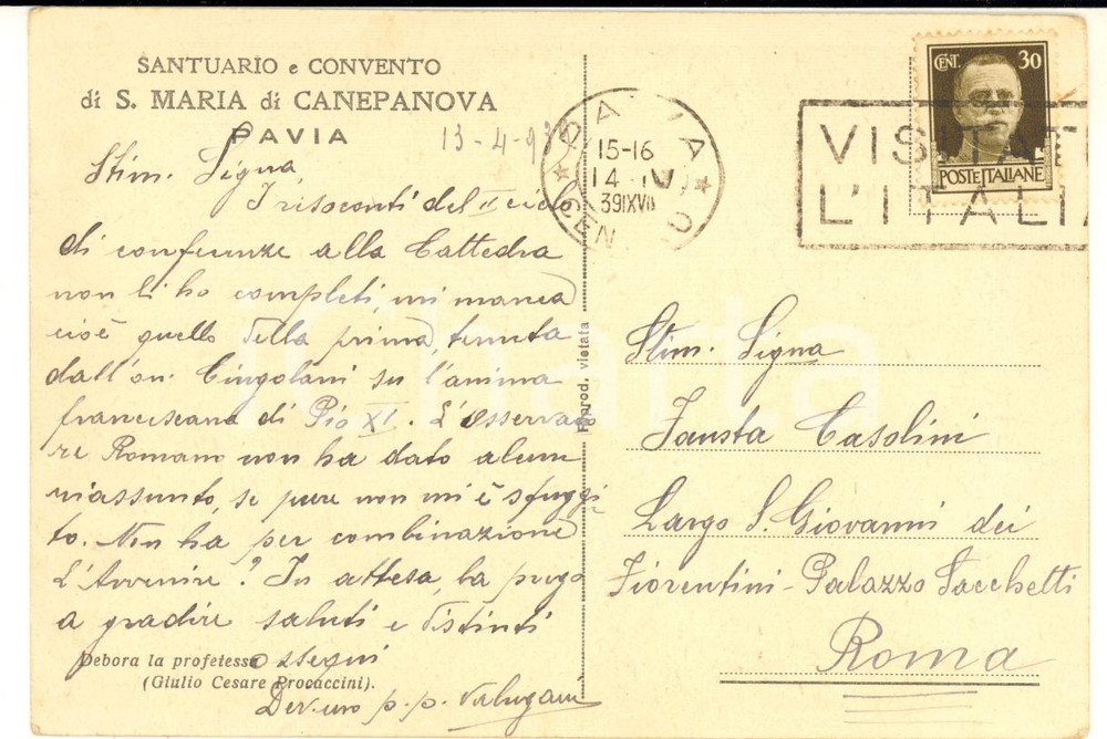 1939 PAVIA Santuario S. MARIA di CANEPANOVA - Cartolina padre VALUGANI FG VG