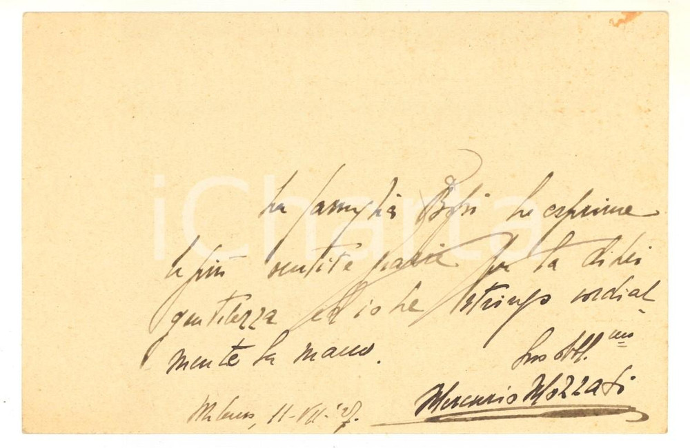 1927 MILANO Biglietto scrittore Mercurio MOZZATI per ringraziamento - AUTOGRAFO
