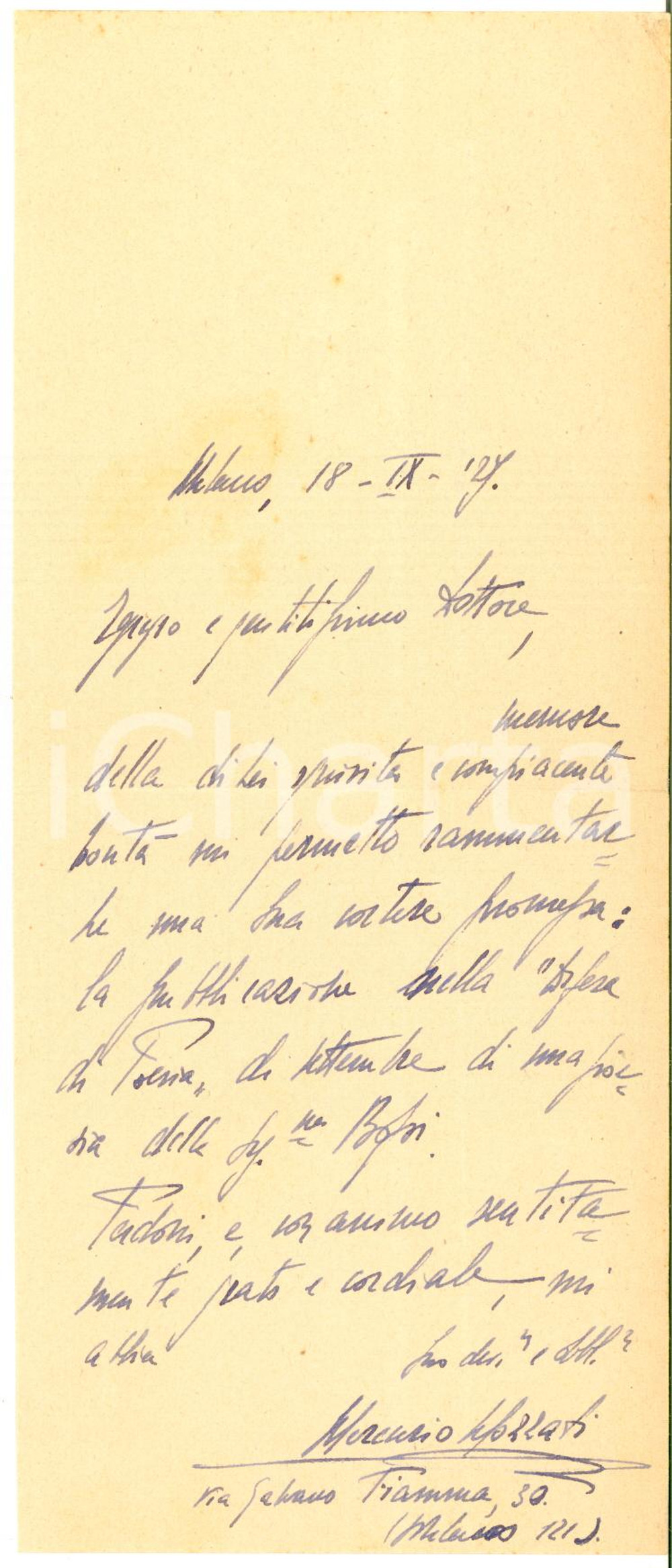 1927 MILANO Lettera Mercurio MOZZATI per pubblicazione poesia - AUTOGRAFO