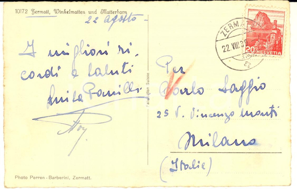 1939 ZERMATT Cartolina nobile Luisa PARRILLI a Carlo SAGGIO FP VG