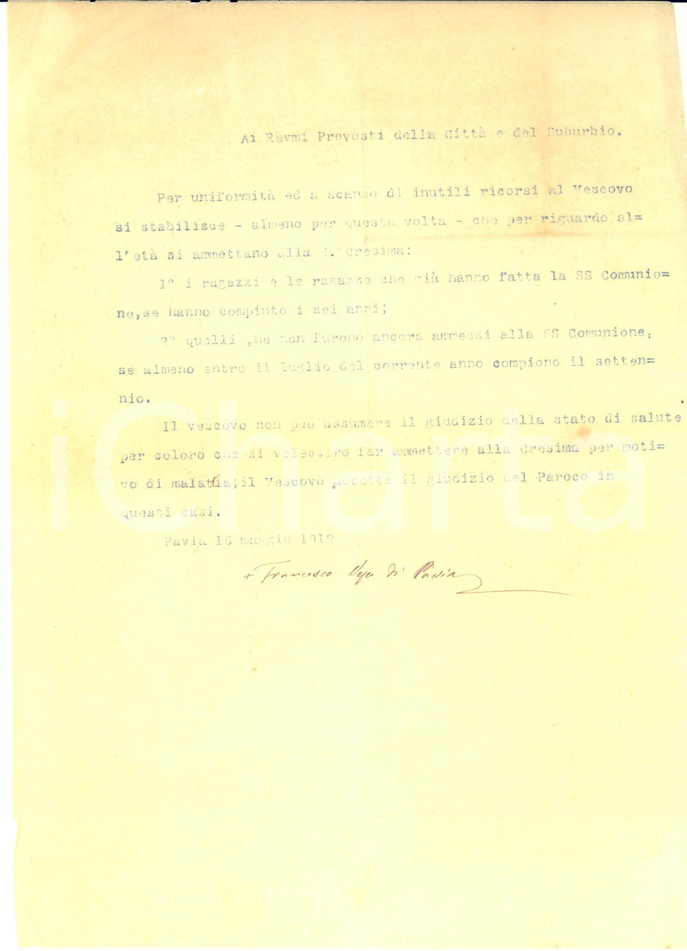 1912 PAVIA Lettera mons. Francesco CICERI per ammissione alla Cresima *AUTOGRAFO