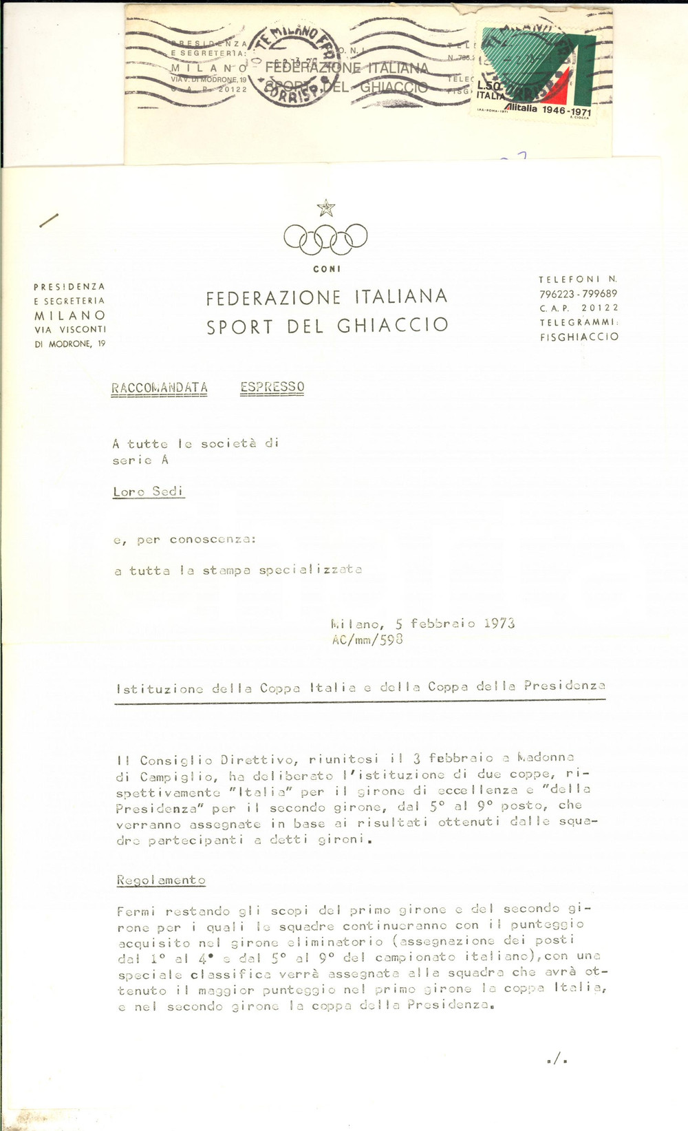 1973 MILANO Lettera Aldo CAROLI Federazione Italiana Sport Ghiaccio - AUTOGRAFO