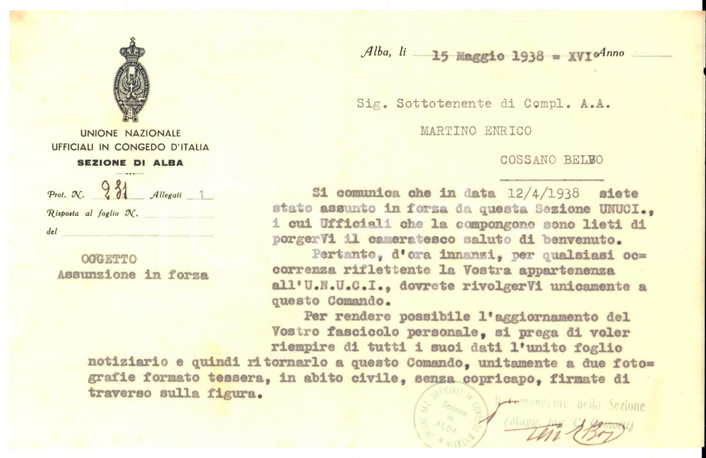 1938 U.N.U.C.I. ALBA (CN) Assunzione e benvenuto a Enrico MARTINO - Lettera