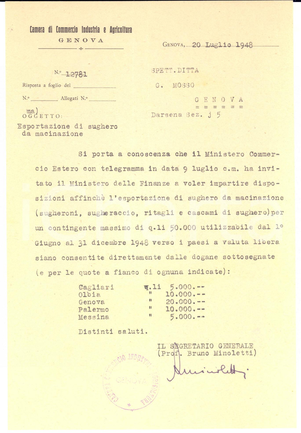 1948 GENOVA Camera di Commercio - Lettera Bruno MINOLETTI per sughero *AUTOGRAFO