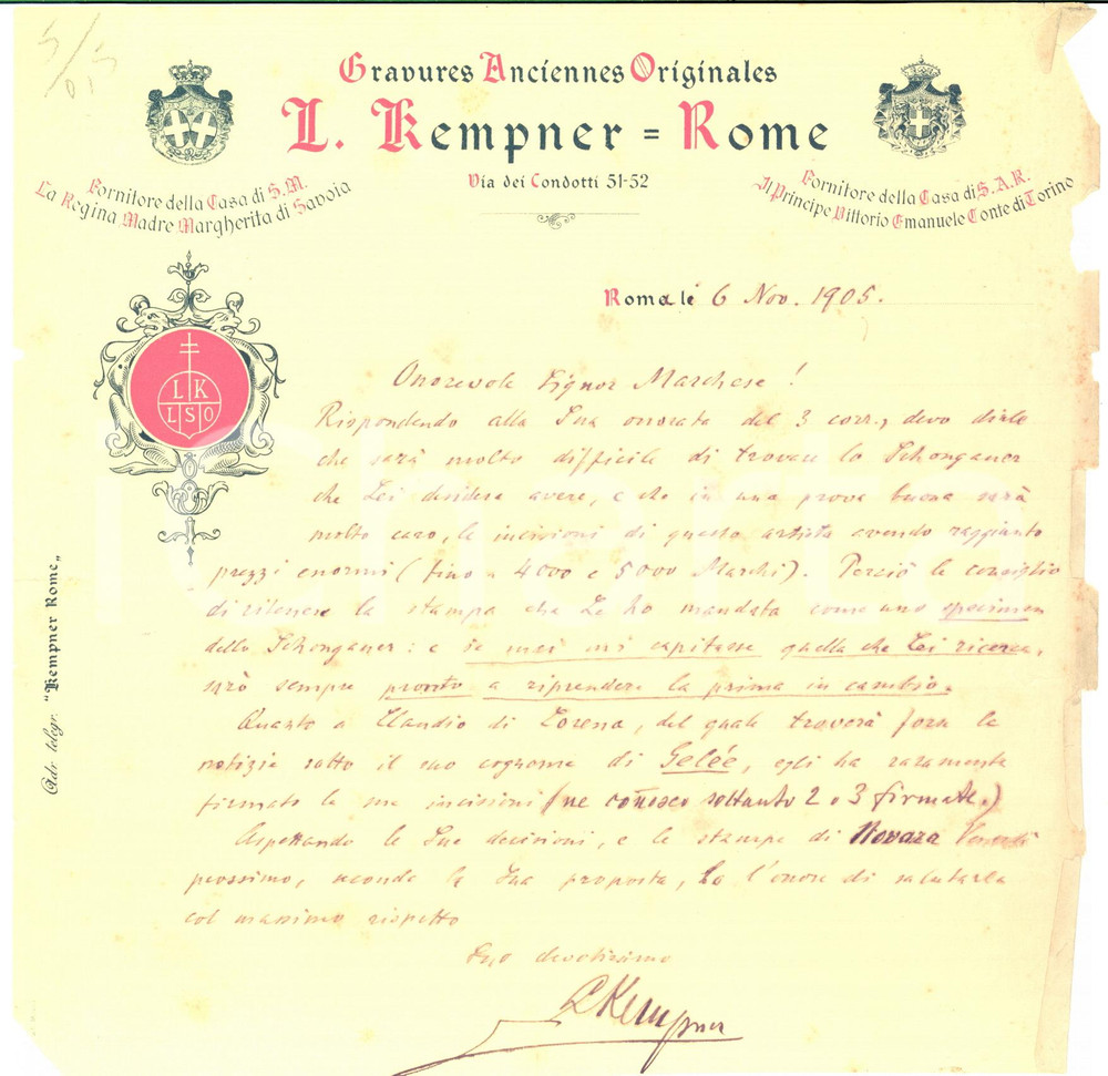 1905 ROMA Lettera Louis KEMPNER per una vendita di incisioni - AUTOGRAFO