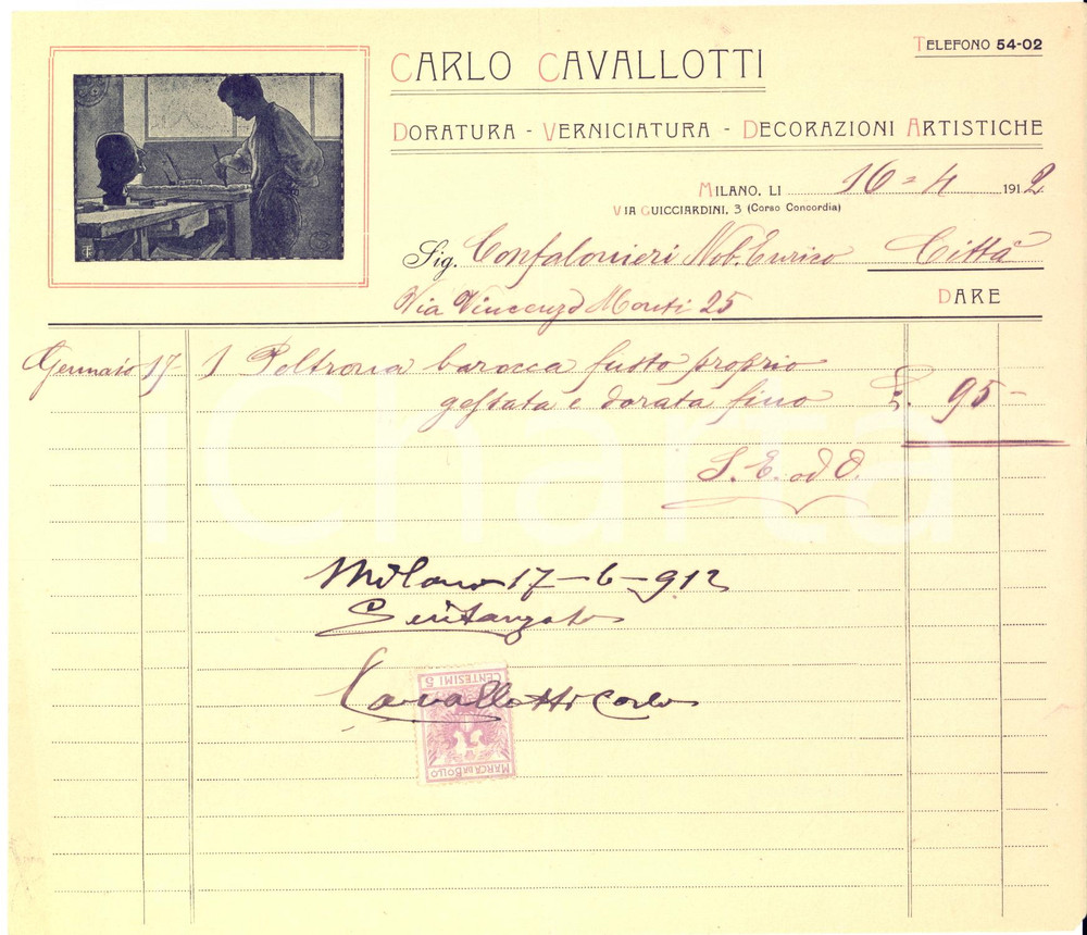 Documento originale, autentico 1912 MILANO Carlo CAVALLOTTI Decorazioni artistiche  Fattura ILLUSTRATA 1