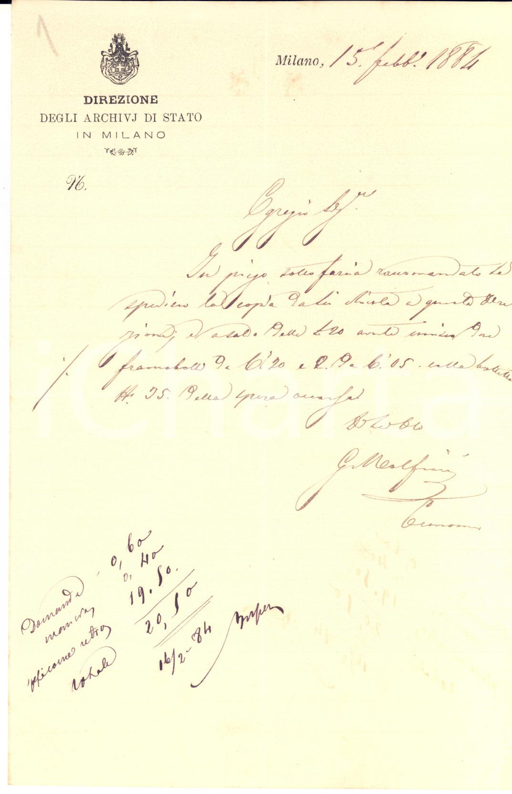 1884 MILANO Archivio di Stato - Lettera economo G. MOLFINI per invio copia