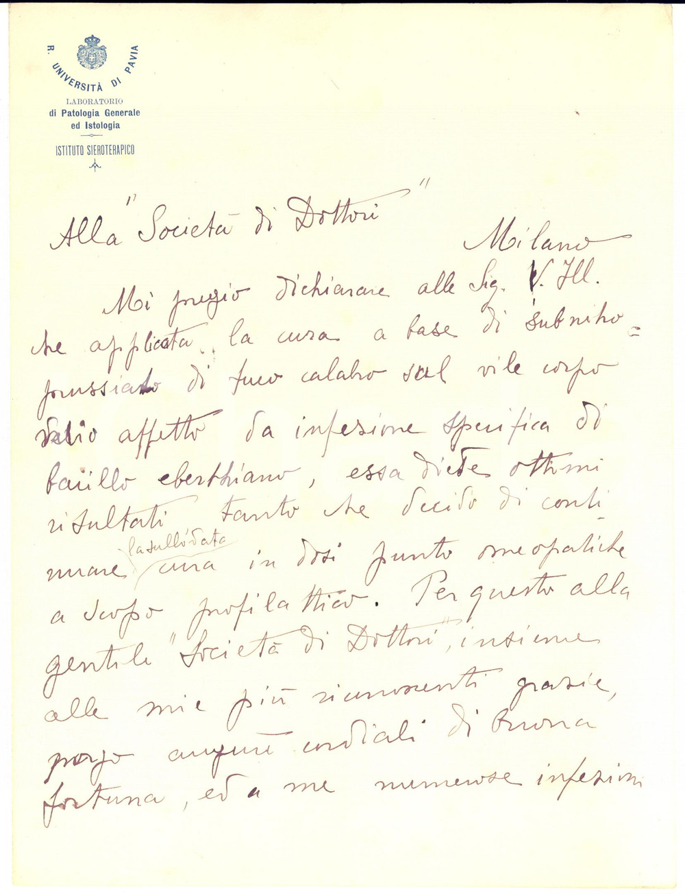 Autografo originale 1920 ca PAVIA Lettera Ernesto BRUGNATELLI  Istituto Sieroterapico AUTOGRAFO 1