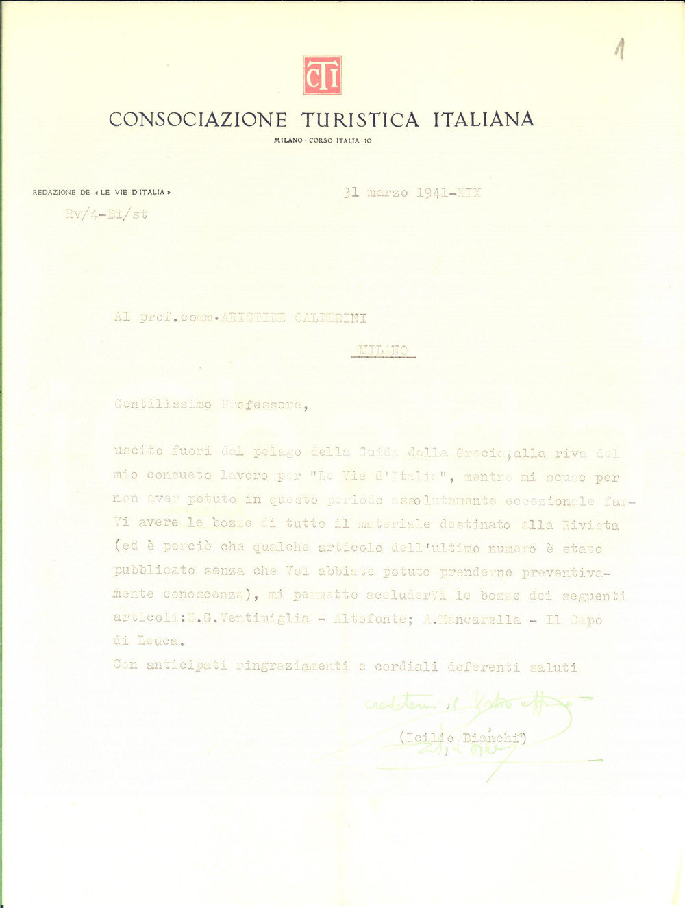 1941 CTI MILANO Lettera Icilio BIANCHI per articoli "Le Vie d'Italia" *AUTOGRAFO