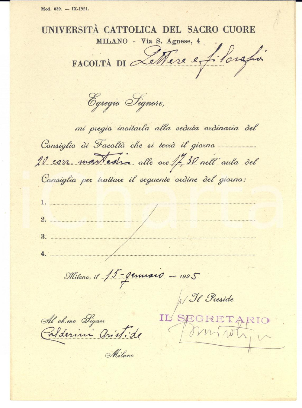 1925 MILANO Università Cattolica Sacro Cuore - Convocazione Consiglio di Facoltà