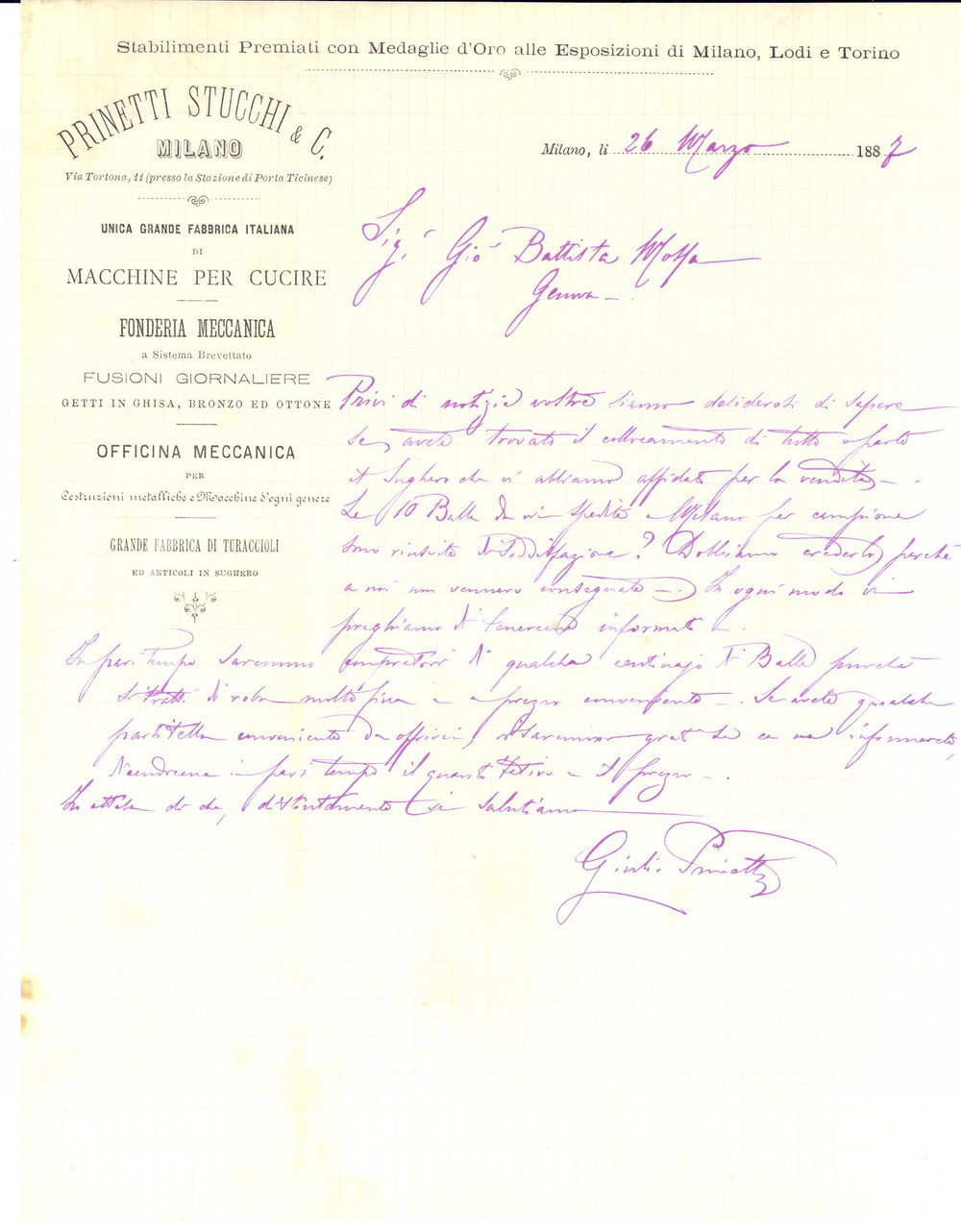 1887 MILANO PRINETTI & STUCCHI Lettera Giulio PRINETTI per sughero - AUTOGRAFO
