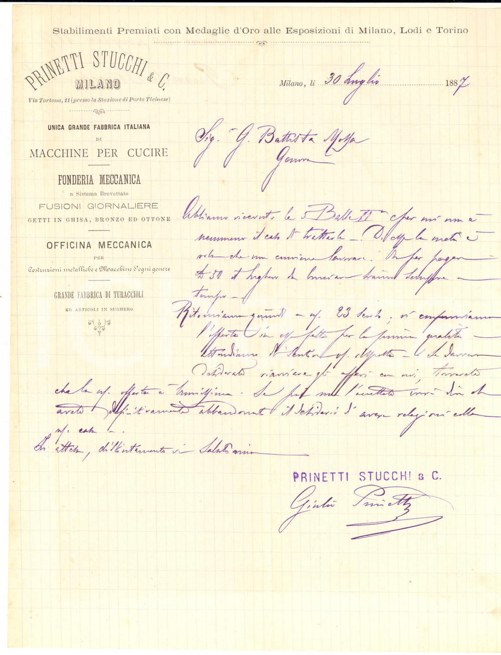 Autografo originale 1887 MILANO PRINETTI & STUCCHI Giulio PRINETTI su offerta commerciale AUTOGRAFO 1