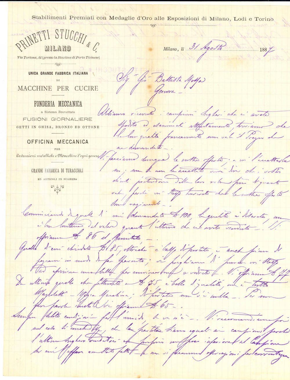 Autografo originale 1887 MILANO PRINETTI & STUCCHI Giulio PRINETTI contesta sugheri AUTOGRAFO 1