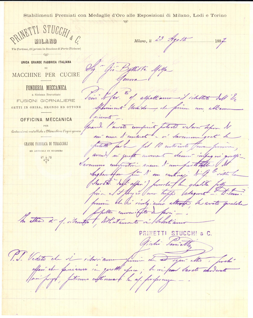 1887 MILANO PRINETTI & STUCCHI Giulio PRINETTI su ordine di sughero *AUTOGRAFO
