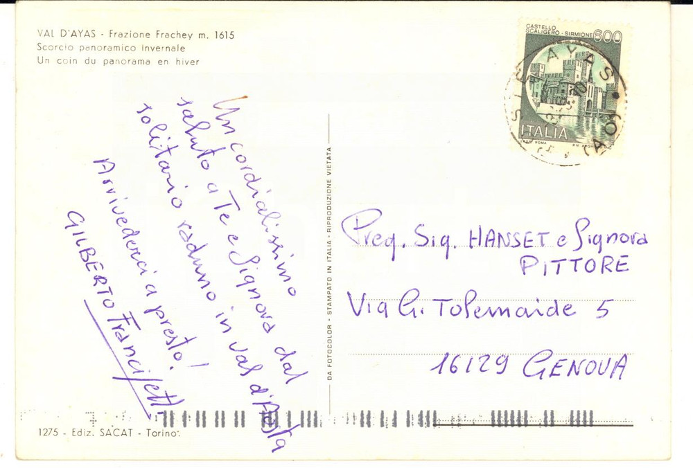 Autografo originale 1990 VAL D AYAS Pittore Gilberto FRANCISETTI cartolina postale autogrrafa 1