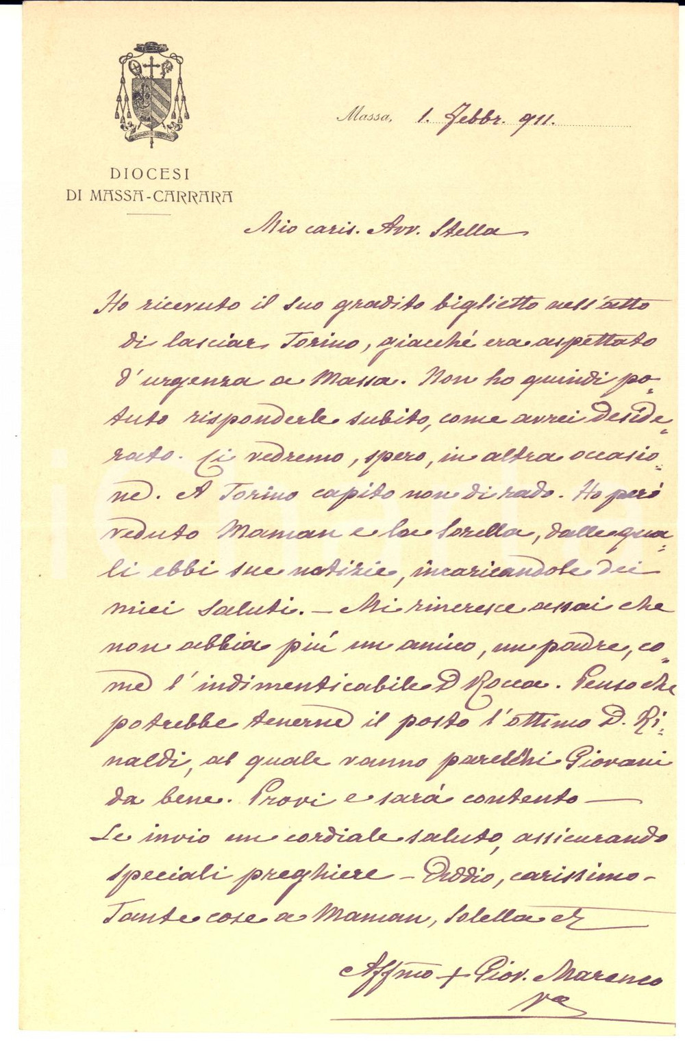 Autografo originale 1911 MASSA Lettera mons. Giovanni Battista MARENCO all avvocato Stella AUTOGRAFO 1