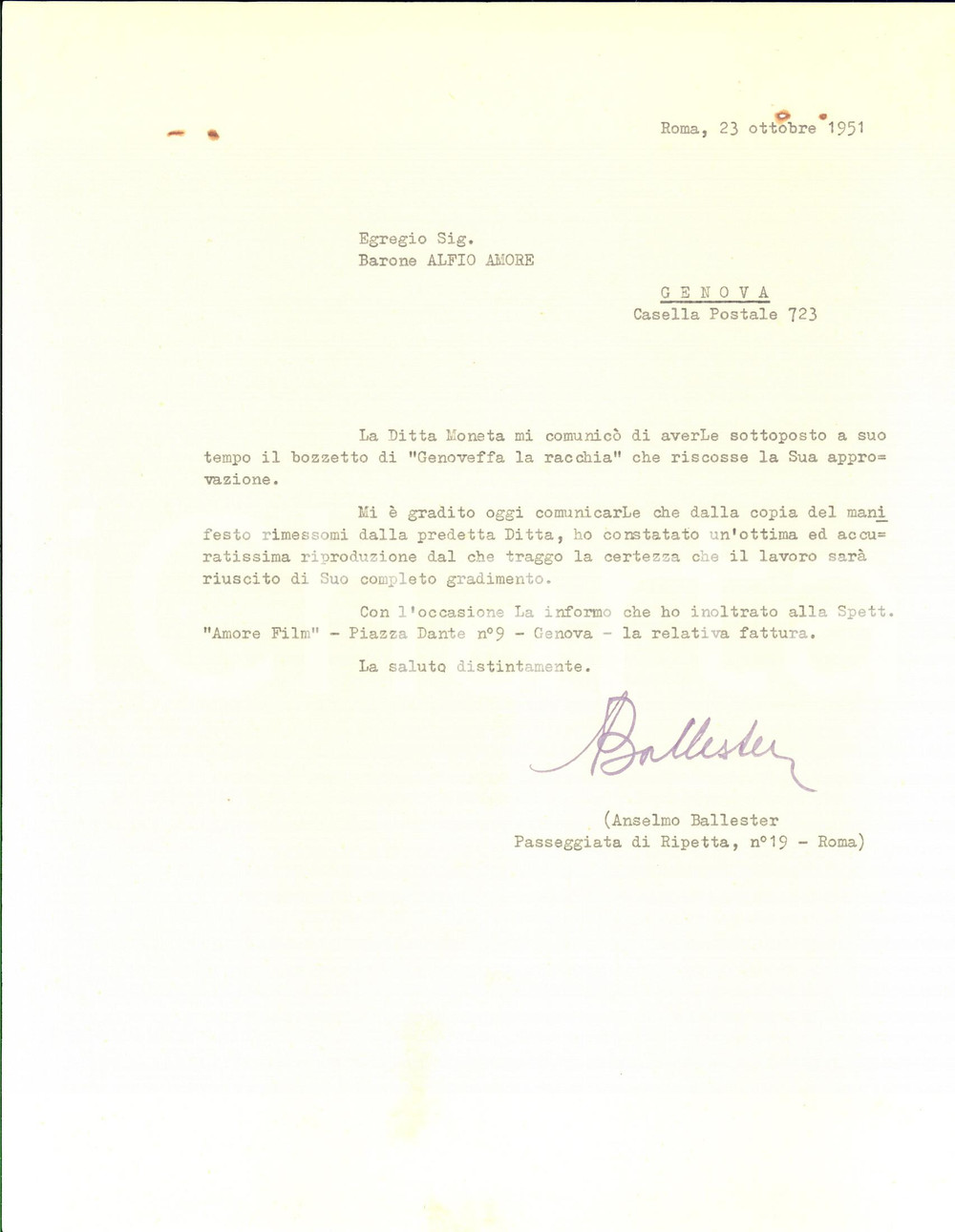 Autografo originale 1951 ROMA Lettera Anselmo BALLESTER per Genoveffa la racchia  AUTOGRAFO 1