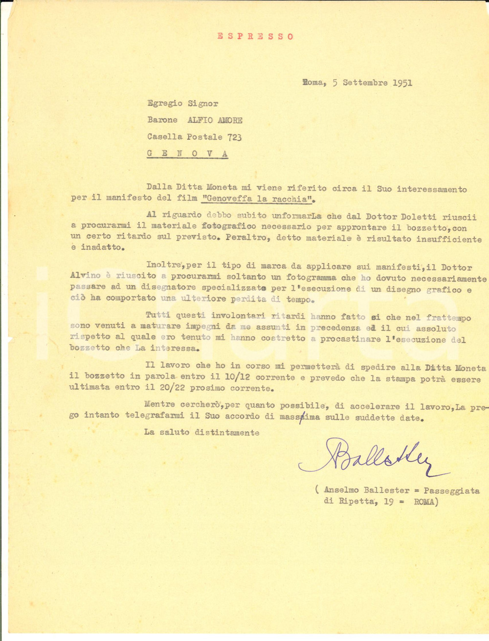 Autografo originale 1951 ROMA Anselmo BALLESTER per manifesto di Genoveffa la racchia AUTOGRAFO 1