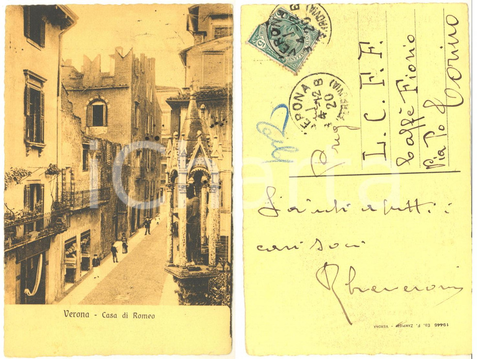 Autografo originale 1920 VERONA Casa di Romeo  Cartolina Romeo LEVERONI   AUTOGRAFO FP VG 1