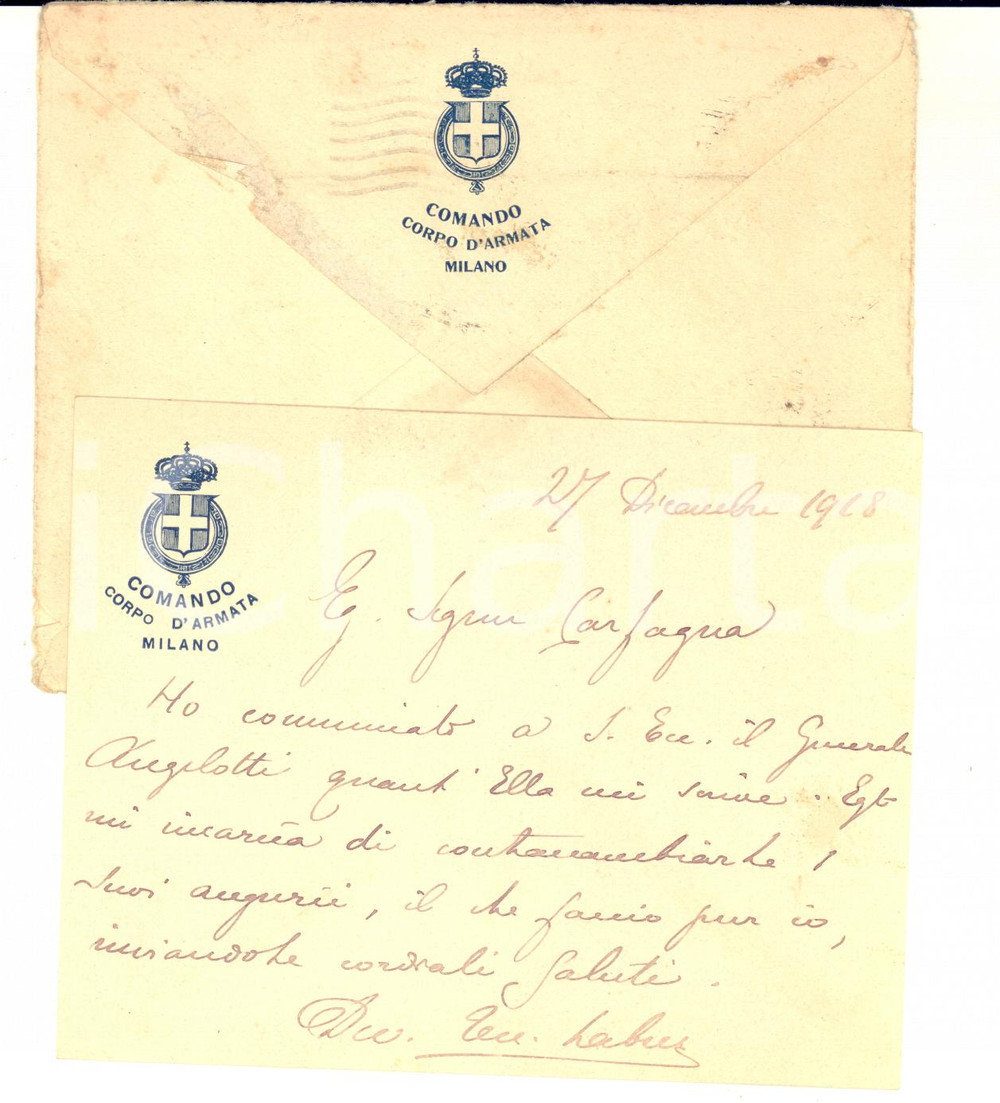 1918 MILANO Comando Corpo d'Armata - Biglietto tenente LABUS - AUTOGRAFO