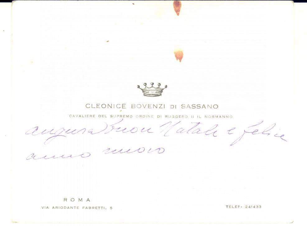 1970 ca ROMA Biglietto nobile Cleonice BOVENZI DI SASSANO  - AUTOGRAFO