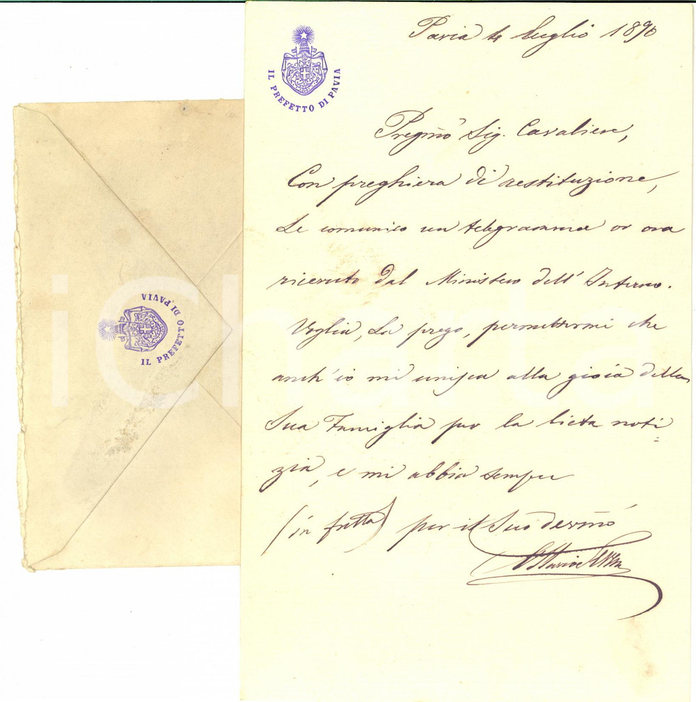 Autografo originale 1896 PAVIA Lettera prefetto Ottavio SERENA per congratulazioni  AUTOGRAFO 1