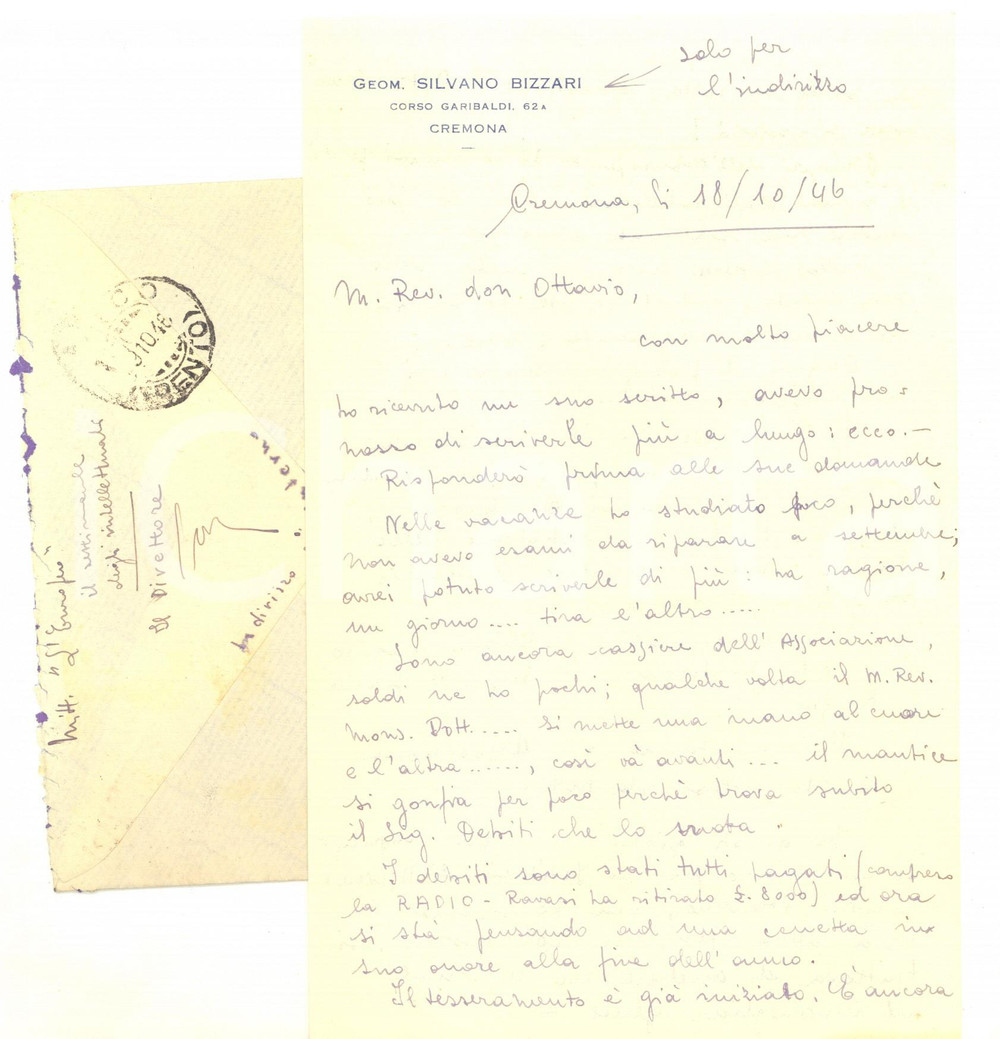 Autografo originale 1946 CREMONA Lettera Silvano BIZZARI direttore L Europeo  AUTOGRAFO 1