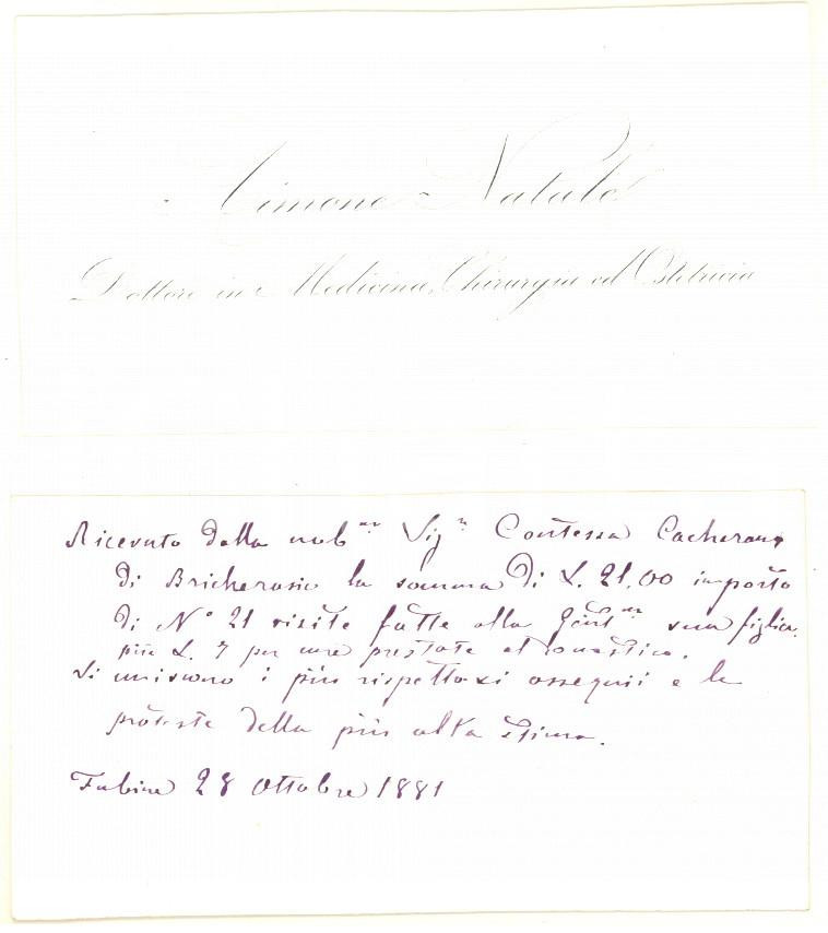 Autografo originale 1881 FUBINE MONFERRATO Aimone NATALE Dottore in Medicina  Biglietto AUTOGRAFO 1