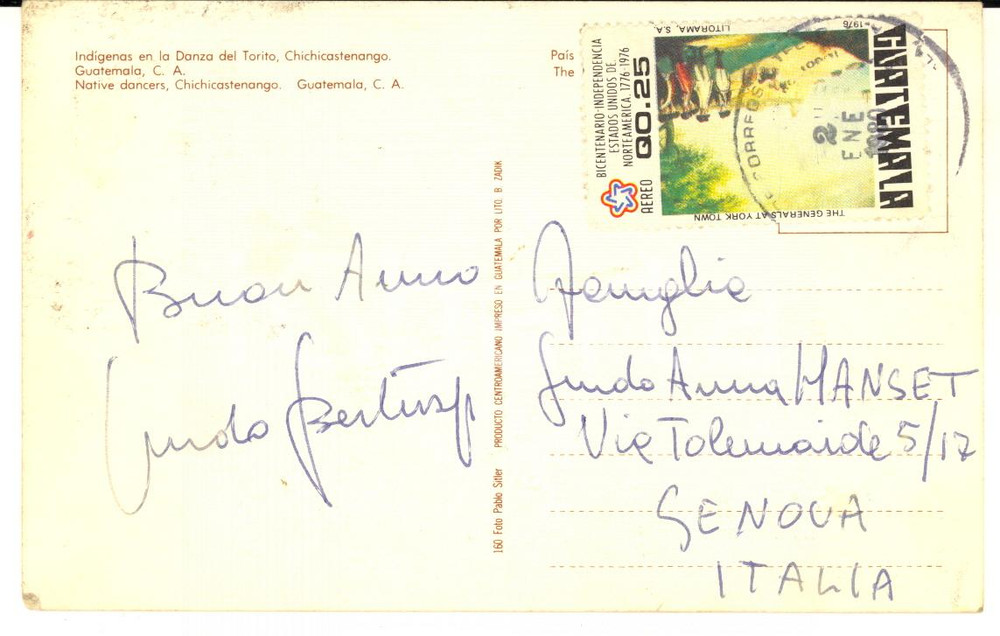 Autografo originale 1980 GUATEMALA Pittore Guido BERTUZZI a Guido HANSET  AUTOGRAFO FP VG 1