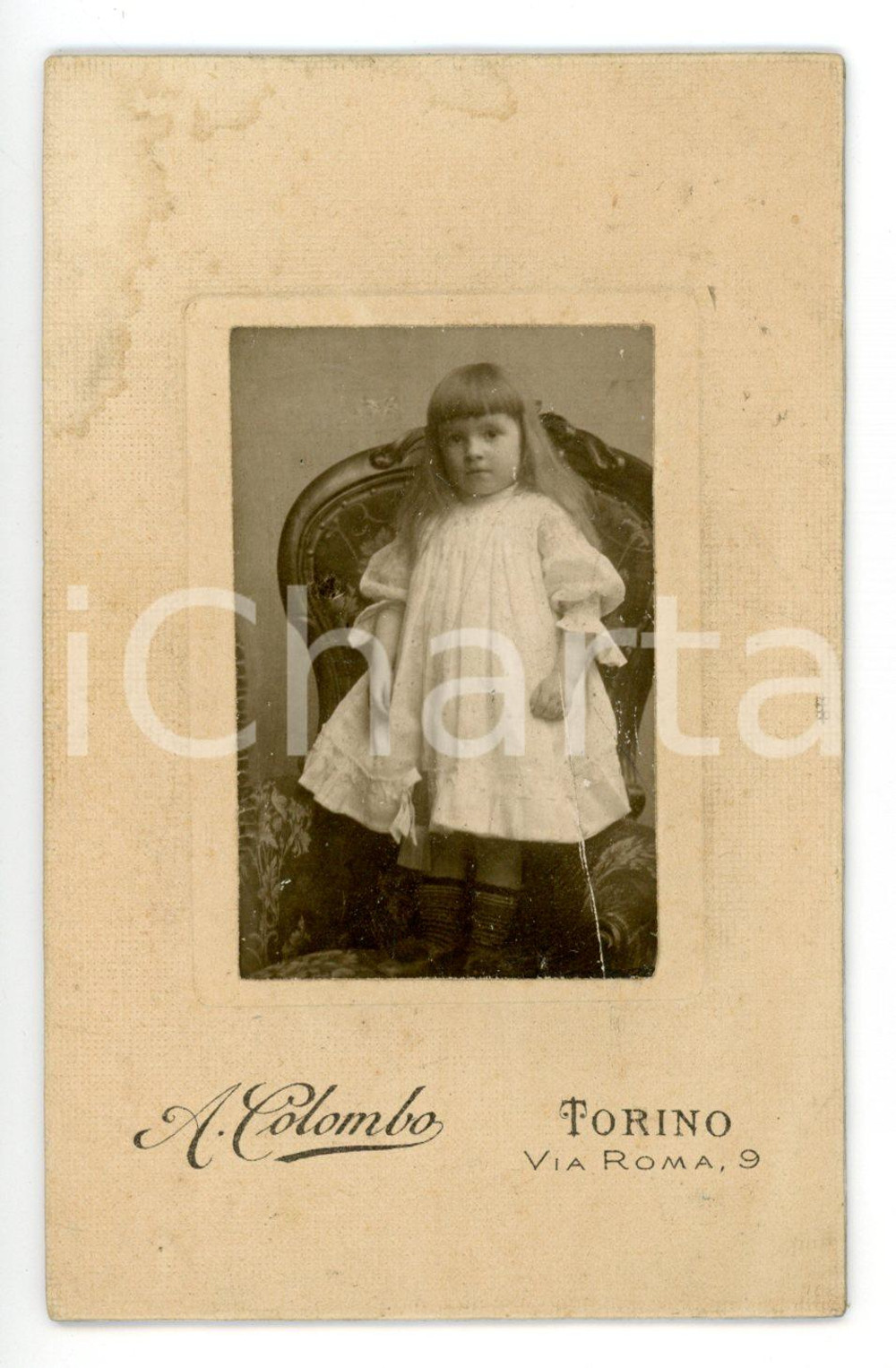 1900 ca TORINO Ritratto di bambina in abito chiaro - Foto A. COLOMBO CDV