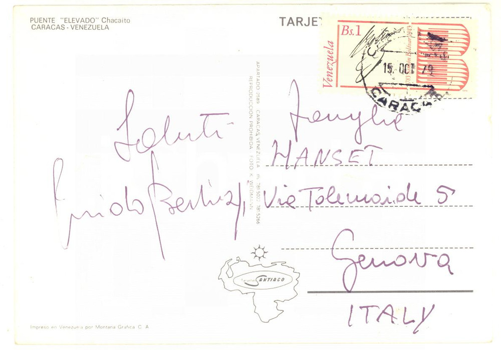Autografo originale 1979 CARACAS Pittore Guido BERTUZZI a Guido HANSET  AUTOGRAFO FG VG 1