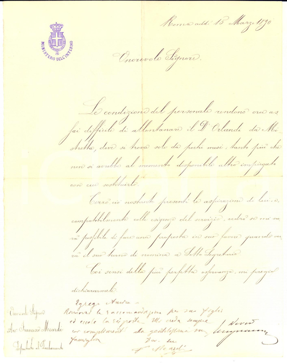 Autografo originale 1890 ROMA On. Francesco MEARDI non ottiene raccomandazione  AUTOGRAFO 1