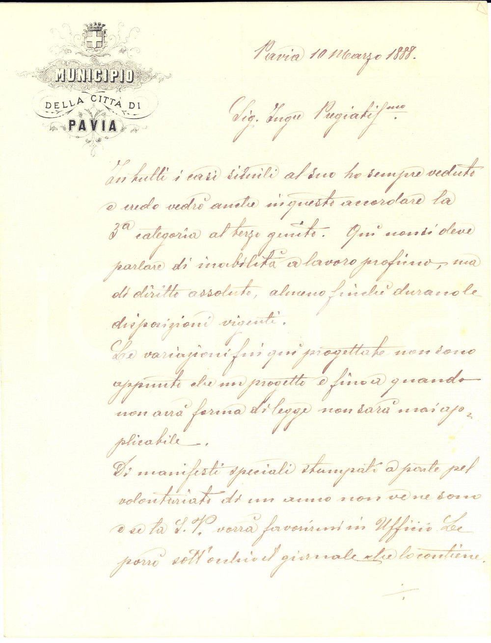 Documento originale, autentico 1888 MUNICIPIO DI PAVIA Lettera di funzionario per assegnazione di categoria 1