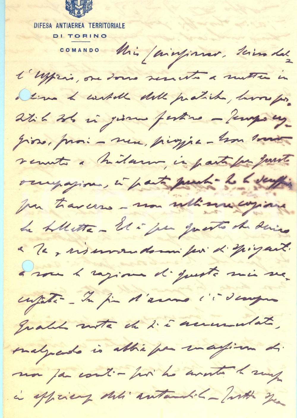 1923 TORINO DIFESA ANTIAEREA TERRITORIALE Comando - Lettera di un ufficiale