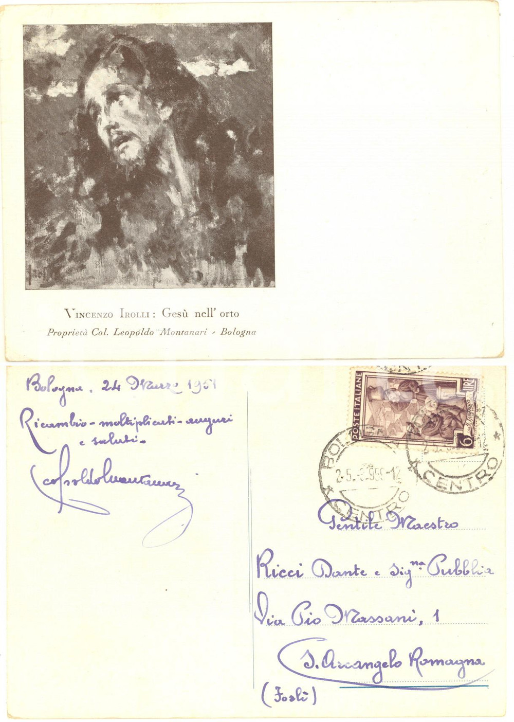 Autografo originale 1951 BOLOGNA Cartolina collezionista Leopoldo MONTANARI  AUTOGRAFO FG VG 1